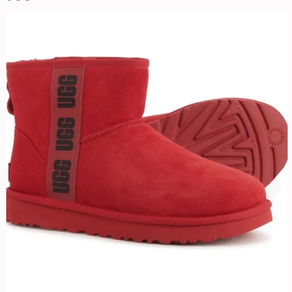 UGG® Australia Classic Mini Side Logo Sheepskin Suede Boots - Samba Red/Black - Picture 6 of 13